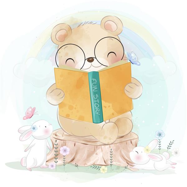 خرس کوچک ناز در حال خواندن کتاب داستان با اسم حیوان دست اموز
