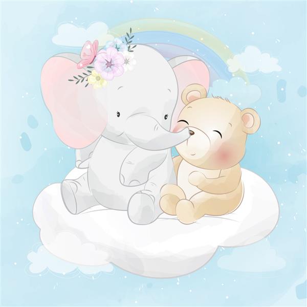فیل کوچولو و خرس ناز در یک ابر نشسته اند