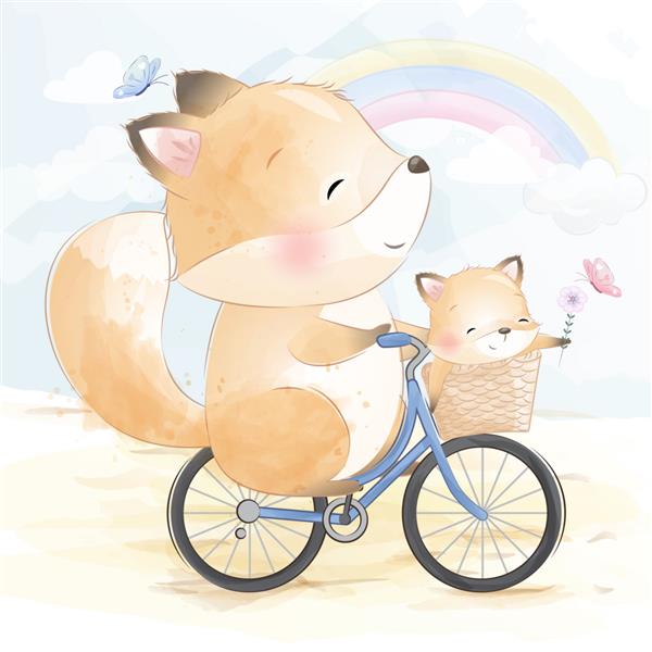 پدر و پسر روباهی ناز در حال دوچرخه سواری