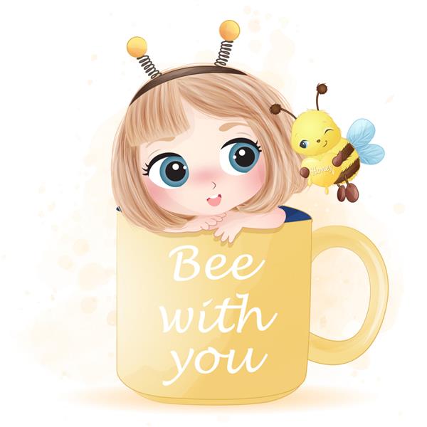 دختر ناز نقاشی شده با دست که داخل فنجان نشسته و با زنبور عسل بازی می کند