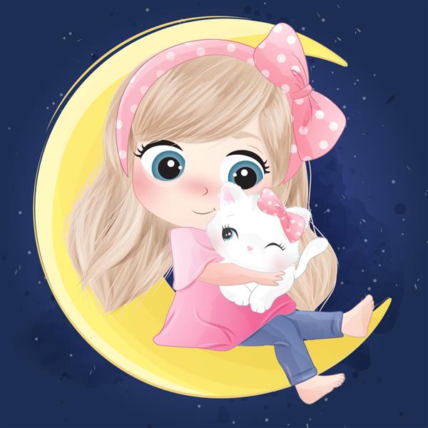 دختر و بچه گربه ناز با دست کشیده شده در ماه نشسته اند