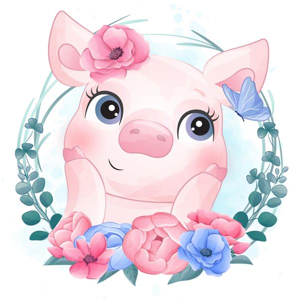 پرتره خوک کوچک ناز با گل