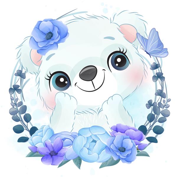 پرتره خرس قطبی کوچک زیبا با گل