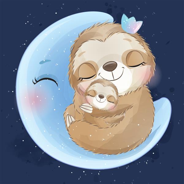 مادر و نوزاد تنبل بامزه ای که در ماه می خوابند