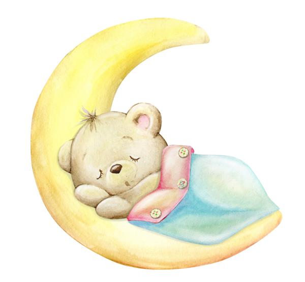 توله خرس خوابیده روی ماه زیر پتو آبرنگ