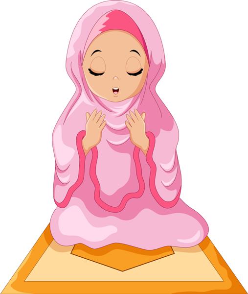 نشستن دختر مسلمان روی سجاده نماز در حال نماز