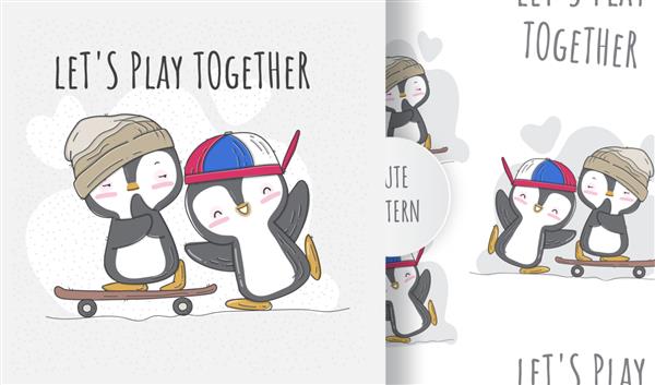 پنگوئن های بامزه با الگوی صاف و بدون درز در حال بازی اسکیت بورد