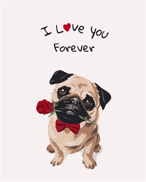 شعار عشق با تصویر کارتونی سگ پاگ در پاپیون با گل رز در دهان