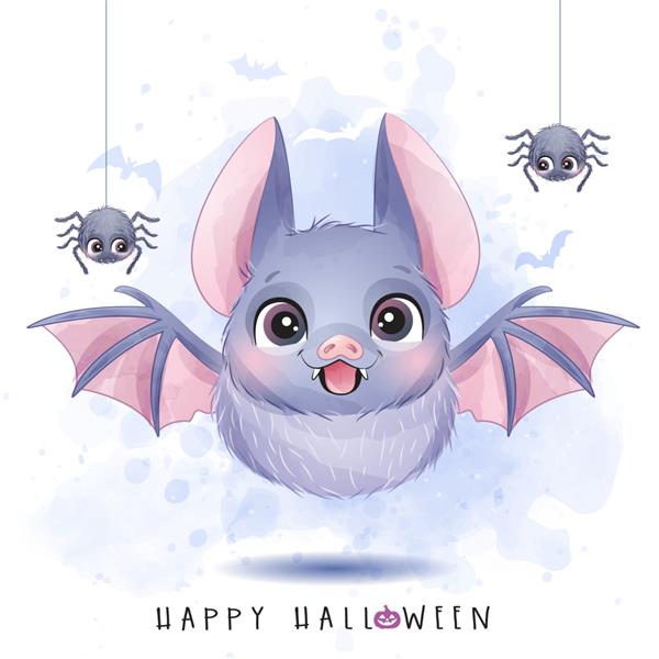 خفاش و عنکبوت کوچک ناز برای روز هالووین با تصویر آبرنگ