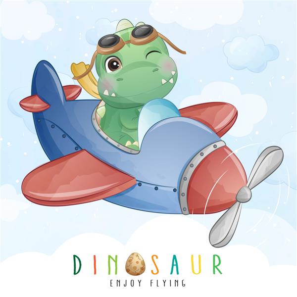دایناسور کوچک ناز در حال پرواز با تصویر هواپیما