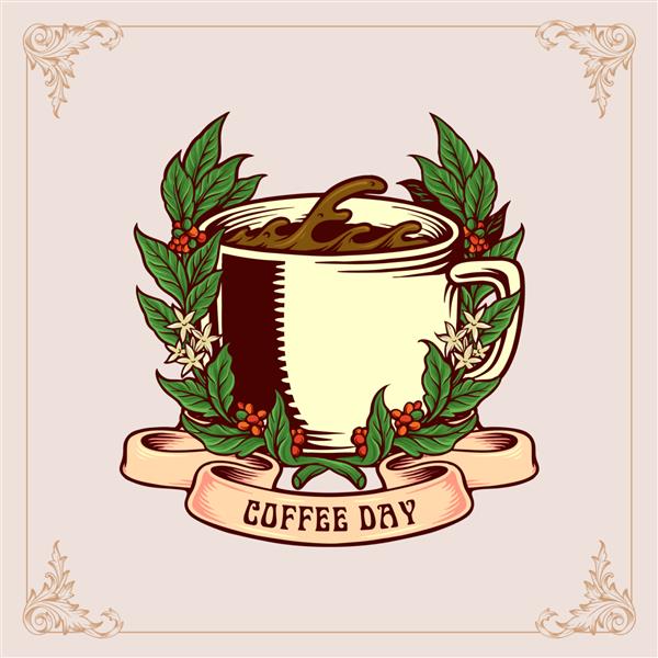 نشان وینتیج روز قهوه با لیوان و روبان