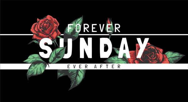 شعار یکشنبه برای همیشه با تصویر گل رز قرمز در پس زمینه سیاه