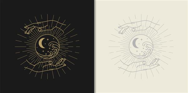 ماه ستاره موج و آرم طلای دستی طراحی شیب رنگارنگ تاروت خوان راهنمایی معنوی تصویر