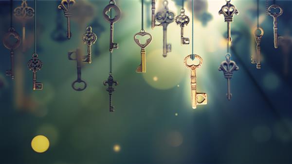 تصویر مفهومی با کلیدهای آویزان و یک کلید درخشان