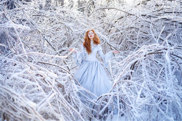 زن جوان مو قرمز یک شاهزاده خانم در جنگل زمستانی با لباس یخ زده و برف روی درختان راه می رود