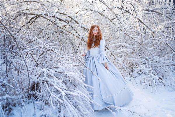 زن جوان مو قرمز یک شاهزاده خانم در یک جنگل زمستانی با لباس آبی راه می رود یخ زدگی و برف روی درختان