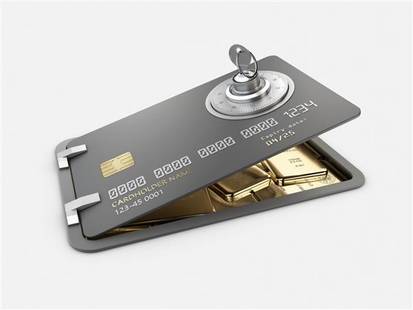 رندر سه بعدی کارت اعتباری باز شده با شمش های طلا مفهوم حفاظت از کارت مسیر برش گنجانده شده است