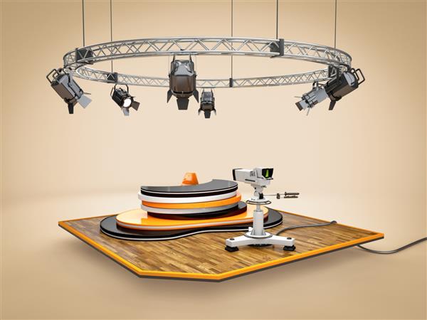 رندر سه بعدی دوربین طراحی با میز و نورپردازی مسیر برش گنجانده شده است