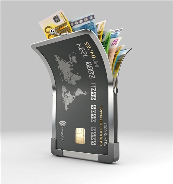 رندر سه بعدی کارت اعتباری باز همراه با مسیر برش اسکناس یورو