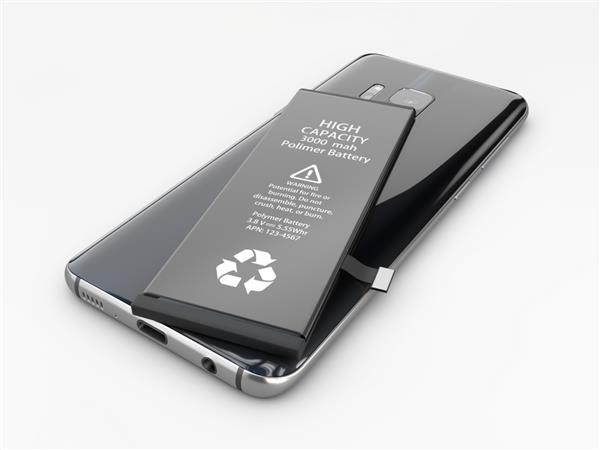 تصویر سه بعدی از باتری و تلفن همراه خاکستری جدا شده