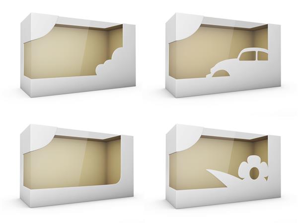 مجموعه جعبه های بسته بندی پلاستیکی مقوایی محصول با پنجره تصویر سه بعدی سفید جدا شده