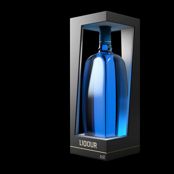 تصویر سه بعدی از طراحی و بسته بندی بطری مشروب