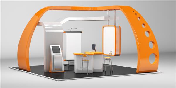 طراحی خلاقانه غرفه نمایشگاهی سه بعدی با میز و صندلی تابلوی اطلاعات رول آپ