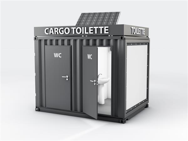 تصویر سه بعدی از کانتینر حمل و نقل قدیمی تبدیل شده به کابین توالت سفید جدا شده