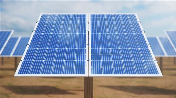 پانل های خورشیدی با تصویر سه بعدی انرژی جایگزین مفهوم انرژی های تجدیدپذیر زیست محیطی انرژی پاک پانل های خورشیدی فتوولتائیک با انعکاس آسمان آبی زیبا پنل های خورشیدی در بیابان