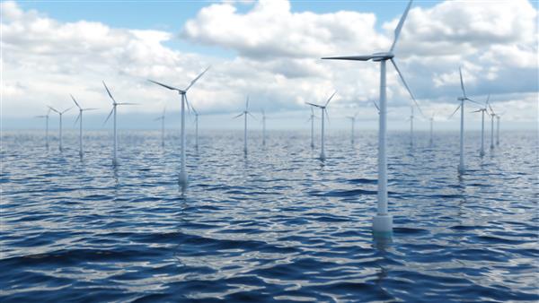 توربین های مزرعه بادی در دریا تضاد زیبا با دریای آبی انرژی خالص اکولوژیکی انرژی پاک انرژی باد مزرعه توربین بادی فراساحلی در دریا یا اقیانوس
