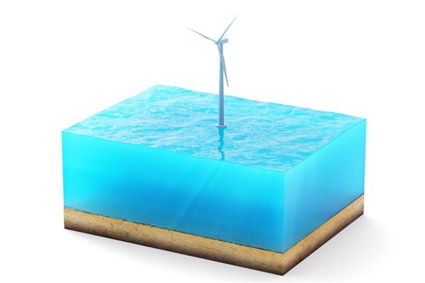 رندر سه بعدی از مقطع مکعب آب جدا شده در پس زمینه سفید توربین بادی در دریا که انرژی پاک تولید می کند