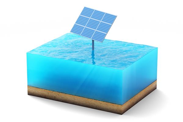 رندر سه بعدی از مقطع مکعب آب جدا شده در پس زمینه سفید پنل خورشیدی آبی در دریا که انرژی پاک تولید می کند