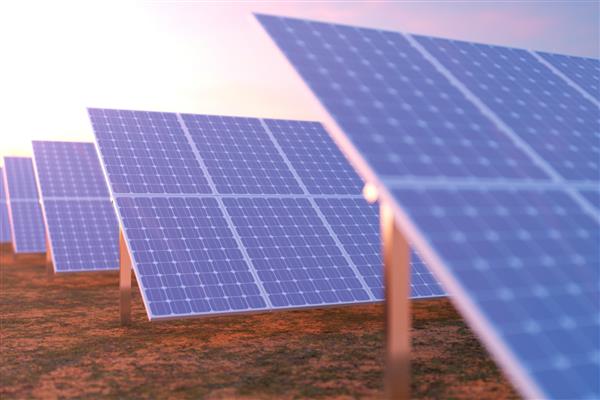 فناوری تولید انرژی خورشیدی رندر سه بعدی انرژی جایگزین ماژول های پنل باتری خورشیدی با غروب منظره با آسمان آبی با نور خورشید