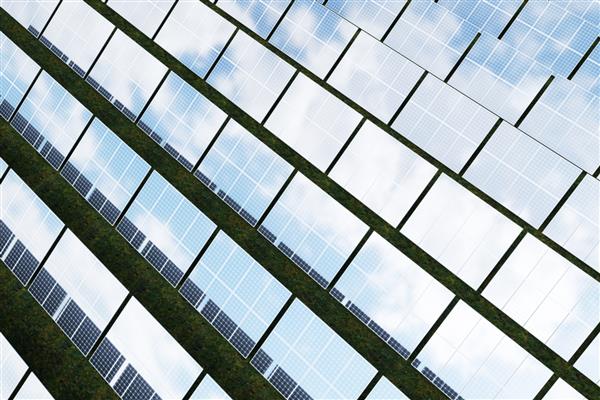 فناوری تولید انرژی خورشیدی رندر سه بعدی انرژی جایگزین ماژول های پنل باتری خورشیدی با آسمان آبی