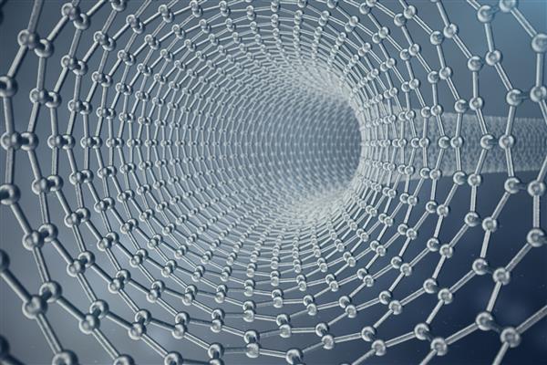 ساختار رندر سه بعدی لوله گرافن نمای نزدیک شکل هندسی شش ضلعی فناوری نانو ساختار اتمی گرافن مفهومی ساختار مولکولی گرافن مفهومی