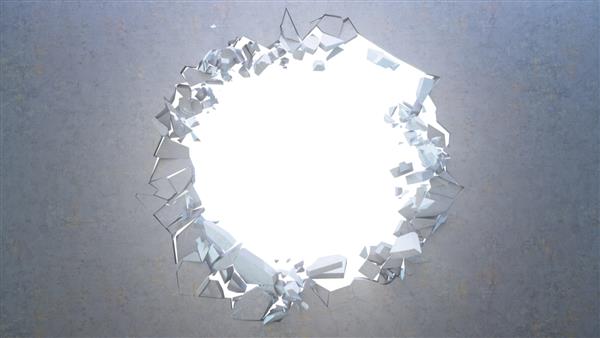 دیوار بتنی شکسته به قطعات کوچک زمین ترک خورده پس زمینه انتزاعی با پرتوهای نور حجمی در سوراخ انفجار تخریب شکسته دیوار بتنی جدا شده در زمینه سفید رندر سه بعدی