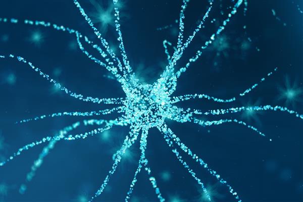 تصویر مفهومی سلول های عصبی با گره های پیوند درخشان سیناپس و سلول های عصبی که سیگنال های شیمیایی الکتریکی می فرستند نورون نورون های به هم پیوسته با پالس های الکتریکی تصویر سه بعدی