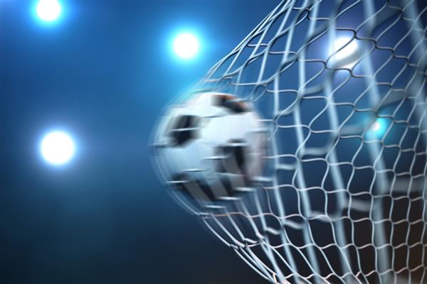 رندر سه بعدی توپ فوتبال در دروازه در حرکت توپ فوتبال در تور در حال حرکت با پس زمینه نور کانون یا استادیوم مفهوم موفقیت