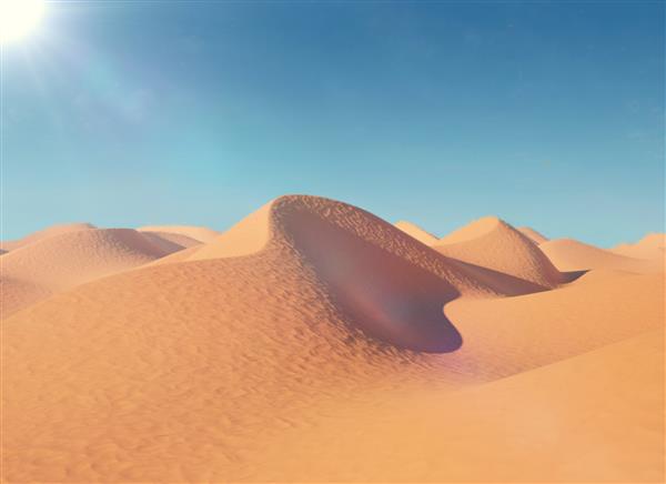 تصویر تپه های شنی در بیابان در یک روز آفتابی بسیار گرم تصویر سه بعدی