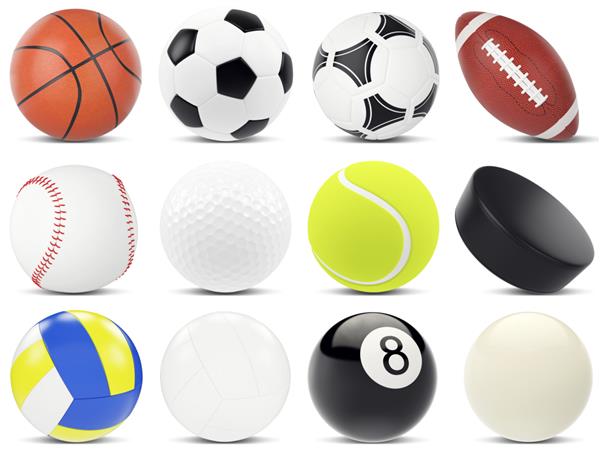 مجموعه ای از توپ های ورزشی فوتبال بسکتبال راگبی تنیس والیبال هاکی بیس بال بیلیارد گلف پوک تصویر سه بعدی