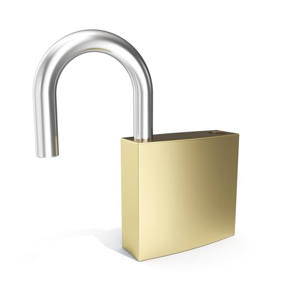 نماد قفل با تصویر سه بعدی نماد امنیتی قفل باز جدا شده روی سفید