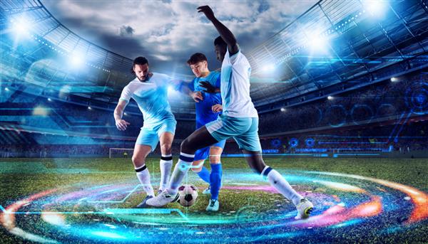 صحنه فوتبال با بازیکنان فوتبال در استادیوم با تجزیه و تحلیل تکنولوژی