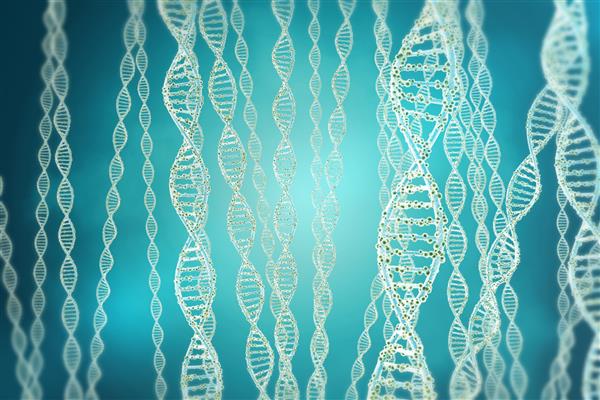 مفهوم بیوشیمی با ساختار DNA در پس زمینه آبی مفهوم پزشکی رندر سه بعدی