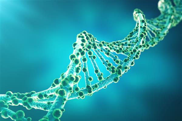 مفهوم بیوشیمی با ساختار DNA در پس زمینه آبی مفهوم پزشکی رندر سه بعدی