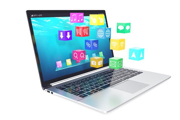لپ تاپ سفید مفهومی رایانش ابری با نمادهای برنامه کاربردی ابری رنگی جدا شده در تصویر سه بعدی پس زمینه سفید