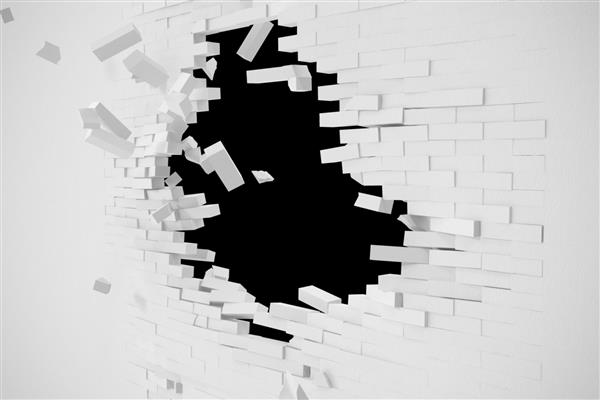 تخریب یک دیوار سفید با متن خالی تصویر سه بعدی