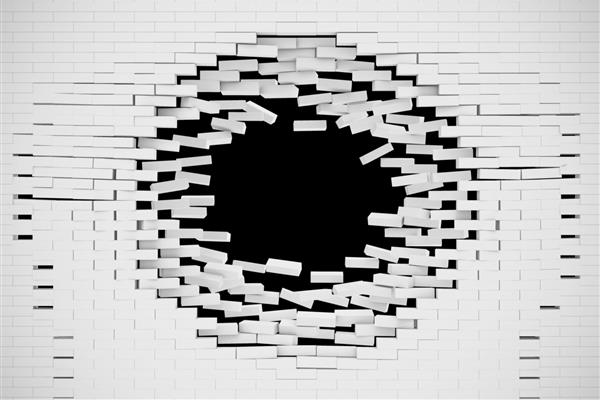 تخریب انفجار پس‌زمینه انتزاعی دیوار آجری سفید برای الگوی یک تصویر سه بعدی محتوا