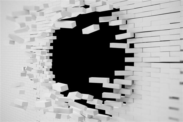 تخریب یک دیوار آجری سفید برای چسباندن هر متنی تصویر سه بعدی