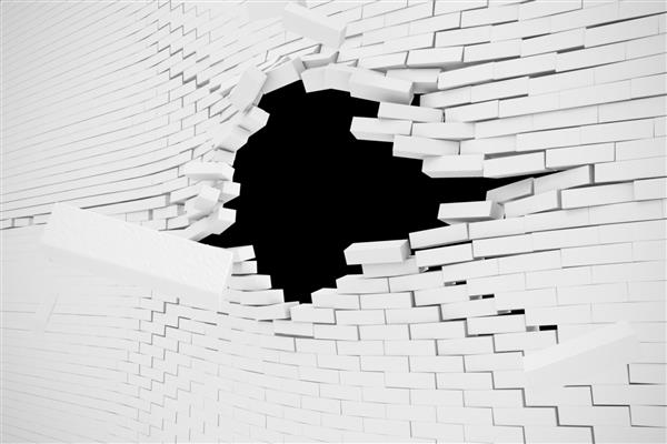 تخریب انفجار پس‌زمینه انتزاعی دیوار آجری سفید برای الگوی یک تصویر سه بعدی محتوا