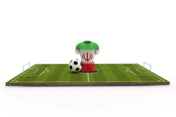 رندر سه بعدی پرچم ملی پیراهن فوتبال ایران در زمین فوتبال